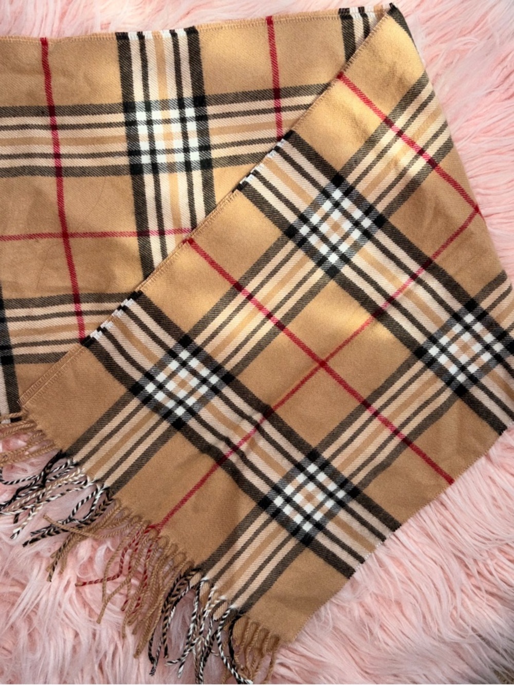 Burberry Tan Black White Red Plaid Fringed Scarf